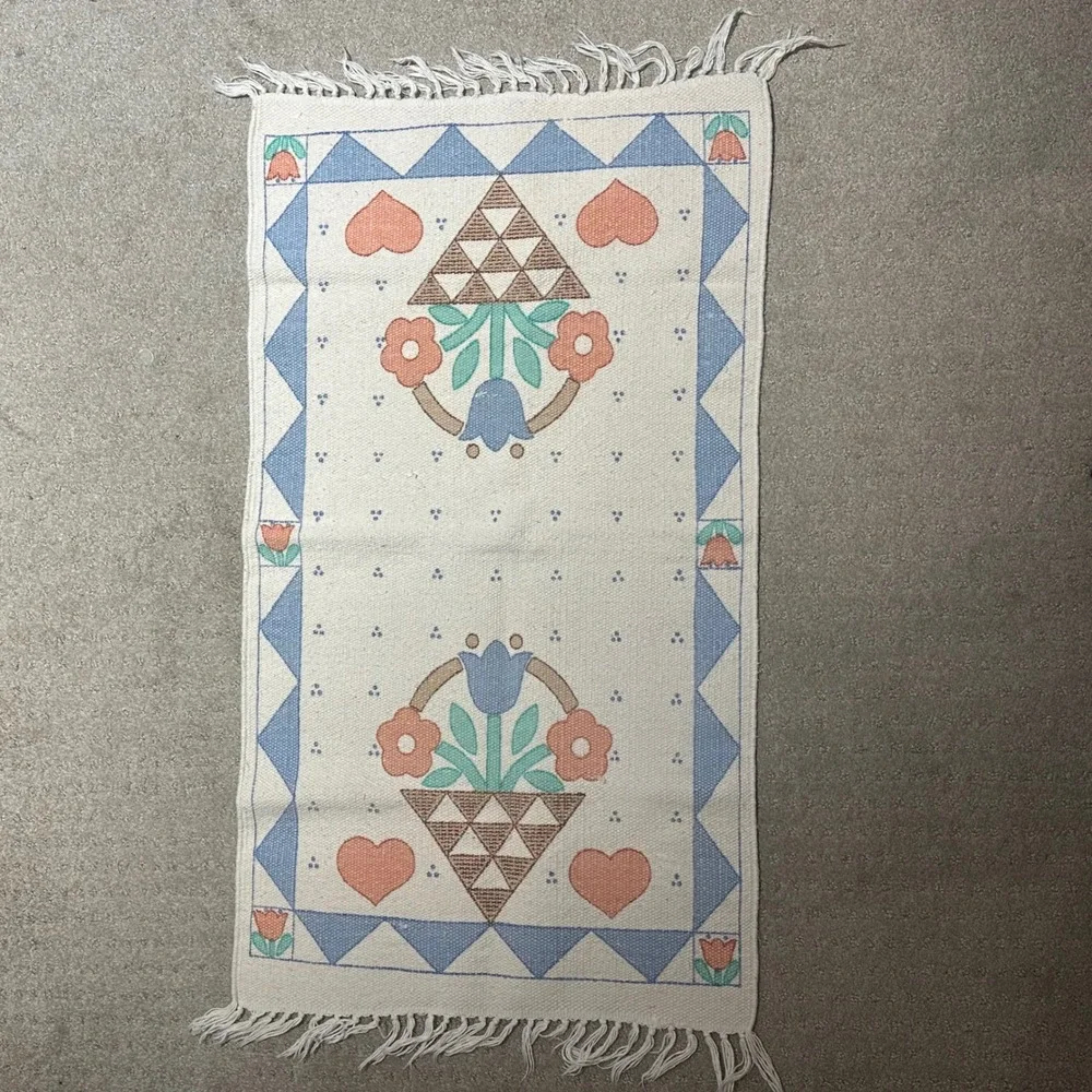 Vintage Folk Art Woven Cotton Table Runner Floral Heart Basket Blue Cream 19x36